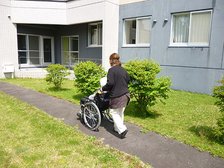 舗装された散策路のある中庭